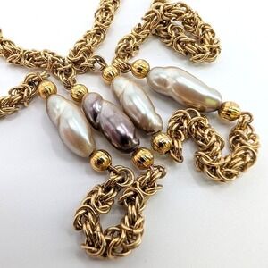 Givenchy Vintage Gold Tone Byzantine Chain Baroque Faux Pearl Station Necklace